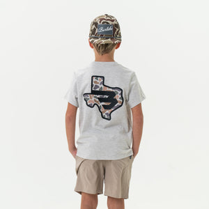 Youth Tee - Texas Camo Flying B Logo - Heather Ash Grey